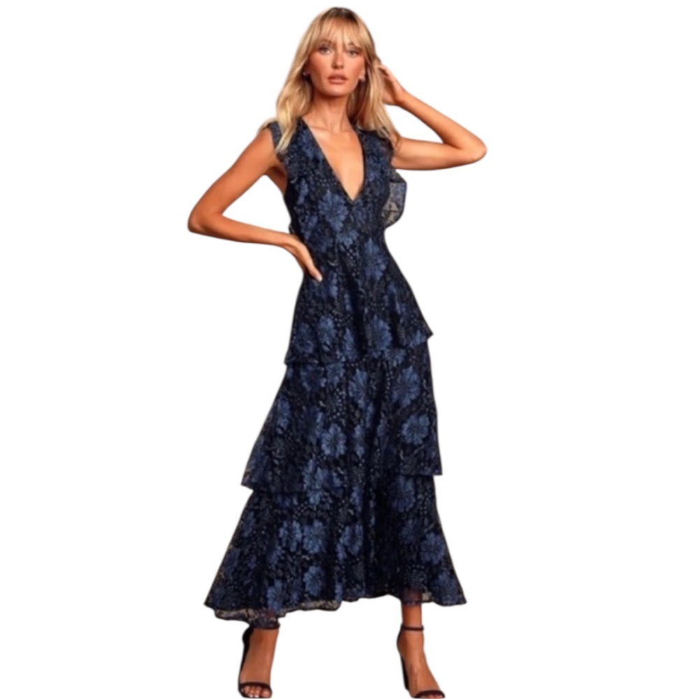 Lulus Molinetto Elegant Gorgeous Navy Blue Floral Lace 3 Tiered Midi Dress